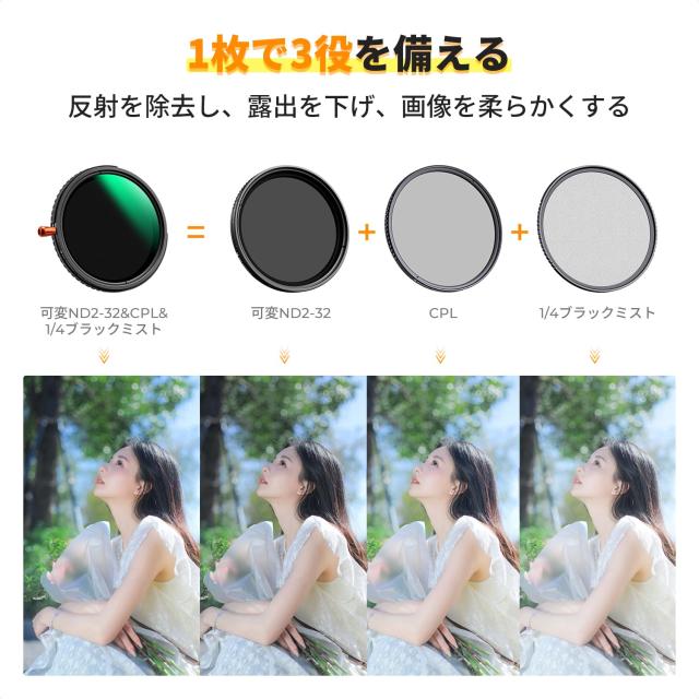 K＆F Concept 52mm ND2-32＆CPL＆1/4ブラックミスト 3in1 1枚3役 多機能フィルター 減光効果+偏光効果+ソフト効果 可変NDフィルター PLフィ_2