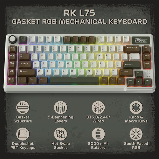 RK ROYAL KLUDGE L75 メカニカルキーボード、ガスケットアセンブリ、ボタン/マクロキー、タッチ可能ネームプレート、トライモードBT/2.4G_1