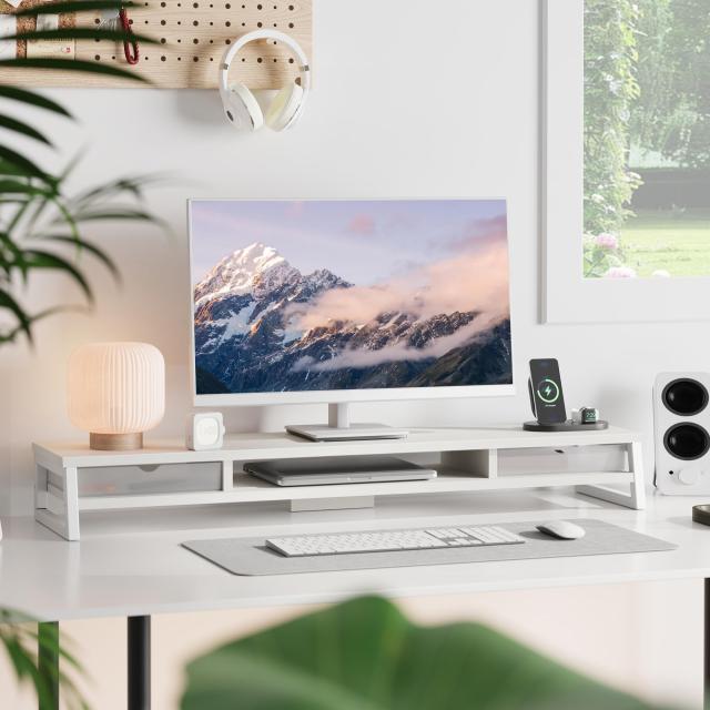 Fenge モニター台 卓上 デスクシェルフ モニタースタンド パソコン台 引き出し付き2段 木製 幅108cm pc台 机上台 デュアルモニター 台 机