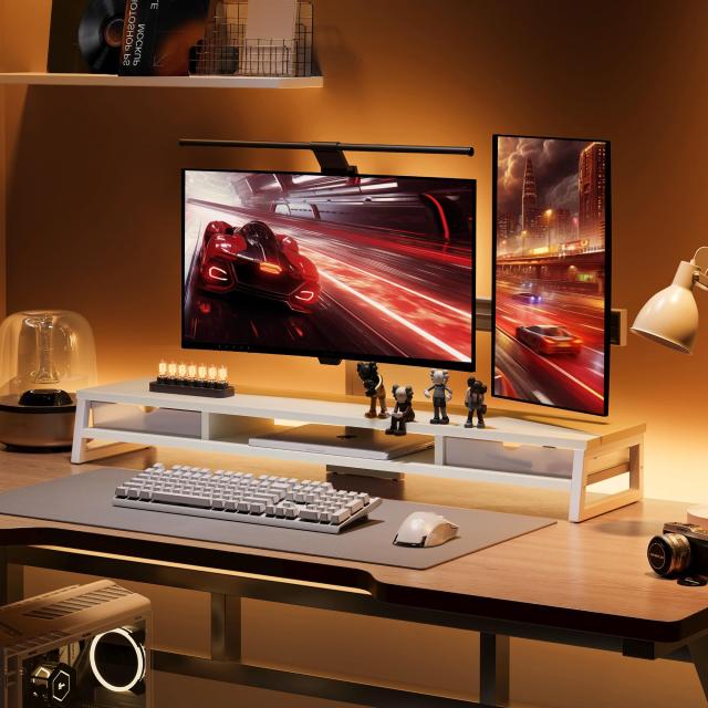 Fenge モニター台 卓上 デスクシェルフ モニタースタンド パソコン台 引き出し付き2段 木製 幅108cm pc台 机上台 デュアルモニター 台 机