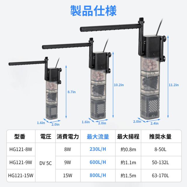 hygger 水槽フィルター 230L/H 8-50L水槽適用 エアーポンプ 水流ポンプ