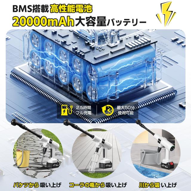 【2025新登場強化版】高圧洗浄機 コードレス 充電式 バッテリー式 洗車機 20000mAh マキタ互換バッテリー 残量表示 洗車店監修 750W 軽量_4