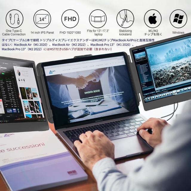 デュアルディスプレイ ダブルモニター トリプルモニター ノートパソコンスクリーンエクスパンダ 14インチノ1080P HDMI FHD、13インチ-16.