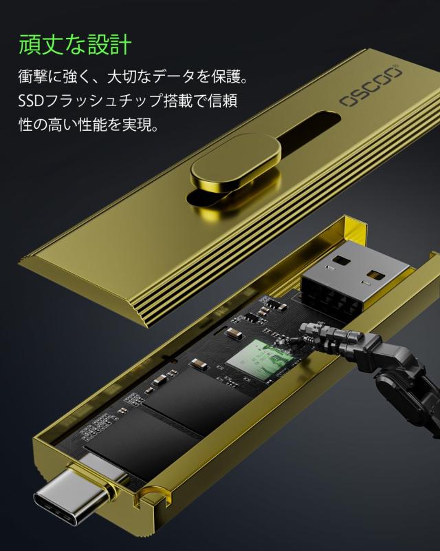 OSCOO 1TB 外付けSSD タイプC ？ 最大1000MB/s、の4K 60fps ProResに対応｜USB 3.2 Gen2 USBメモリ小型、スライド式コネクタ デュアルUSB-_3