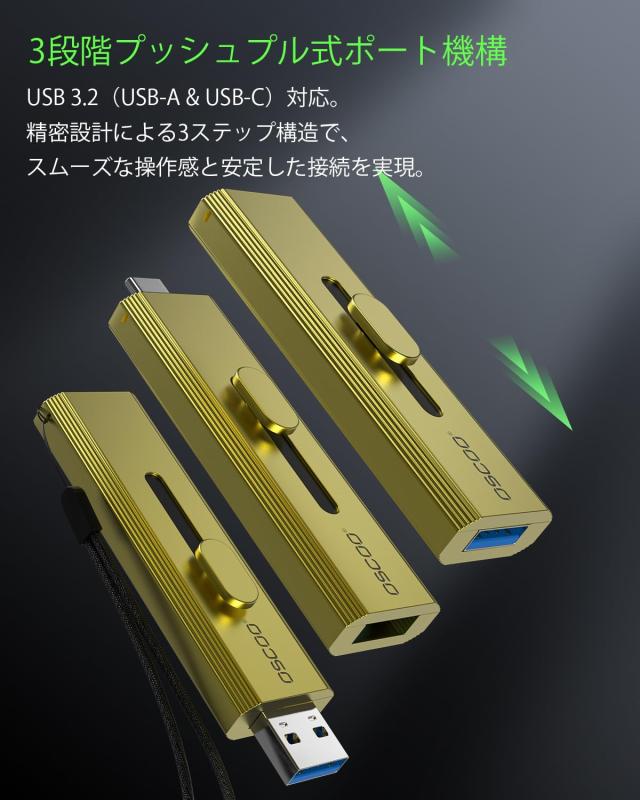 OSCOO 1TB 外付けSSD タイプC ？ 最大1000MB/s、の4K 60fps ProResに対応｜USB 3.2 Gen2 USBメモリ小型、スライド式コネクタ デュアルUSB-_4