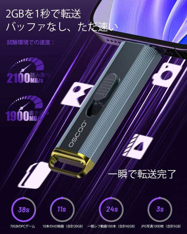 OSCOO 512GB 外付けSSD ？ 最大2100MB/s、の4K 60fps ProResに対応｜USBメモリ タイプC、USB 3.2 Gen2ポータブルSSD、デュアルUSB-C ＆ USB_1