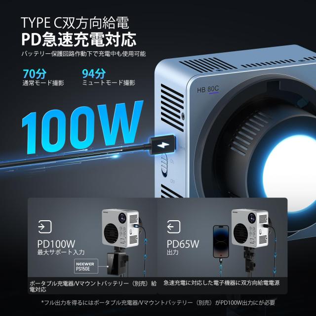 NEEWER HB80C RGBWW LEDビデオライト 80W 撮影用ライト 72Whバッテリー内蔵 100W PD急速充電器付属 APP/2.4G制御 高輝度定常光 10400lux/_4