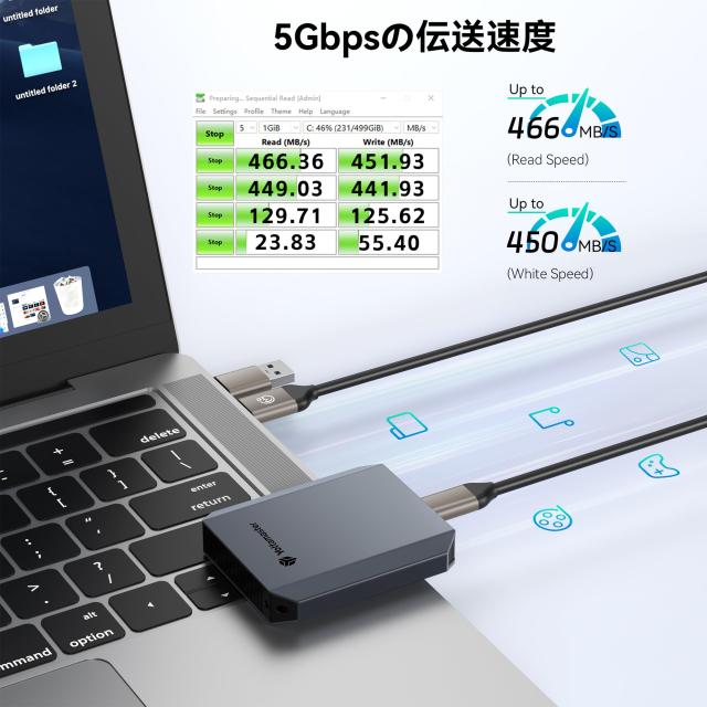 Yottamaster外付けSSD 256GB、最大460MB/s・USB-C/A 2 in 1ケーブル