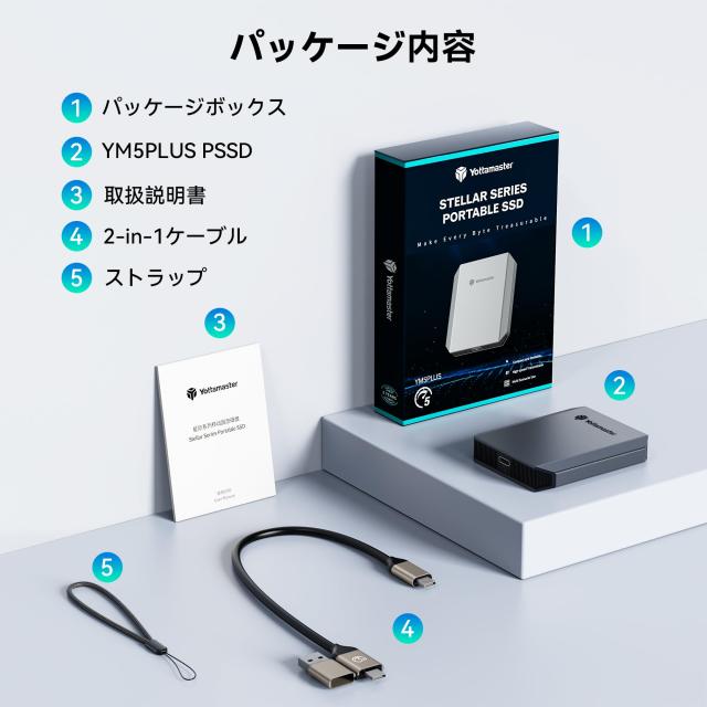 Yottamaster外付けSSD 256GB、最大460MB/s・USB-C/A 2 in 1ケーブル