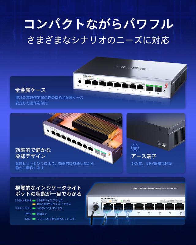 XikeStor 10ポート 2.5G ウェブ管理型 イーサネットスイッチ LACP/VLAN/QoS/STP/IGMP対応 2.5ギガビットネットワークスイッチ 金属製ファ