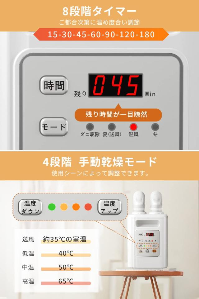 布団乾燥機 ダニ退治 【布団2組・靴2組対応】 ふとん乾燥機 温風機能 4段階温度調整 ハイパワー ツインノズル 速乾 速暖 タイマー付き 衣_3