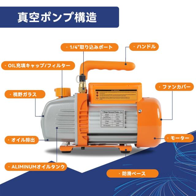 BACOENG 3.6 CFM一段式 冷媒 真空ポンプ クーラー エアコン修理 ガスチャージ マニホールドゲージ R134A R410A R407C ツールキット