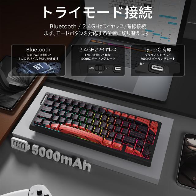 ATTACK SHARK X68PRO HE ラピッドトリガー キーボード 高速反応 3モード接続 2.4G Bluetooth USB-C有線 8KHZ ゲーミングキーボード ラピ_2