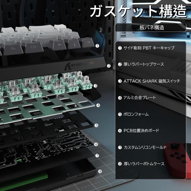 ATTACK SHARK X68PRO HE ラピッドトリガー キーボード 高速反応 3モード接続 2.4G Bluetooth USB-C有線 8KHZ ゲーミングキーボード ラピ_8