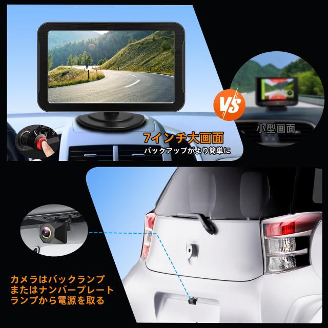 7インチAHDバックカメラモニターセット 1080P 超暗視機能.常時使用可能 140度広角 DIYガイドライン 正像 鏡像切替 穴開けなく 2種類の電