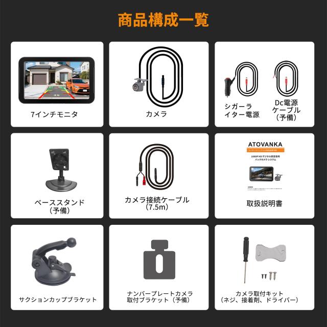 7インチAHDバックカメラモニターセット 1080P 超暗視機能.常時使用可能 140度広角 DIYガイドライン 正像 鏡像切替 穴開けなく 2種類の電