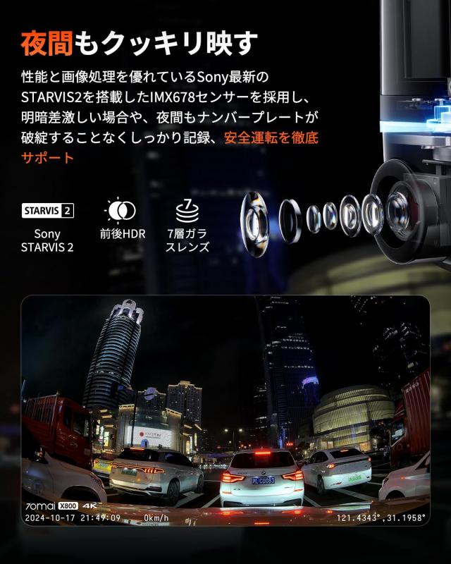 前後STARVIS 2搭載 4K画素超強暗視 360全方位】70mai Dash Cam 4K Omni
