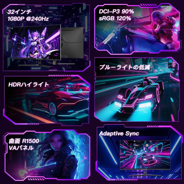 Amzfast 32インチ 湾曲ゲーミングモニター フルHD1080p/240Hz/1ms MPRT 