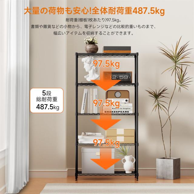 IZEUK スチールラック 5段 高さ伸縮メッシュ 収納棚 防錆加工 パイプ棚 スリム ポール径19.1mm パーツ対応 全体耐荷重487.5kg 幅60×奥行_5