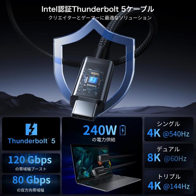 Thunderbolt 5 ケーブル IVANKY 240W急速充電 8K/60Hz映像出力 最大120Gbps 高速データ転送 Thunderbolt 4/3 USB4 下位互換 MacBook Pro/