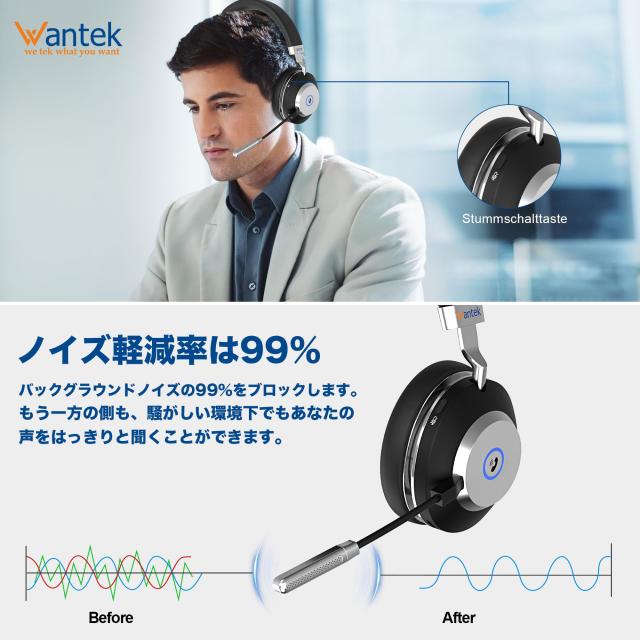 Wantek ワイヤレスヘッドセット Bluetoothヘッドセット 両耳 USBドングル付き 音量調節/単一指向性 マイクミュート機能搭載 ノイズキャン_1