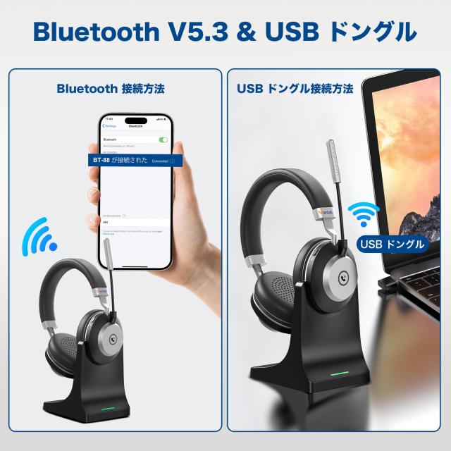 Wantek ワイヤレスヘッドセット Bluetoothヘッドセット 両耳 USBドングル付き 音量調節/単一指向性 マイクミュート機能搭載 ノイズキャン_2
