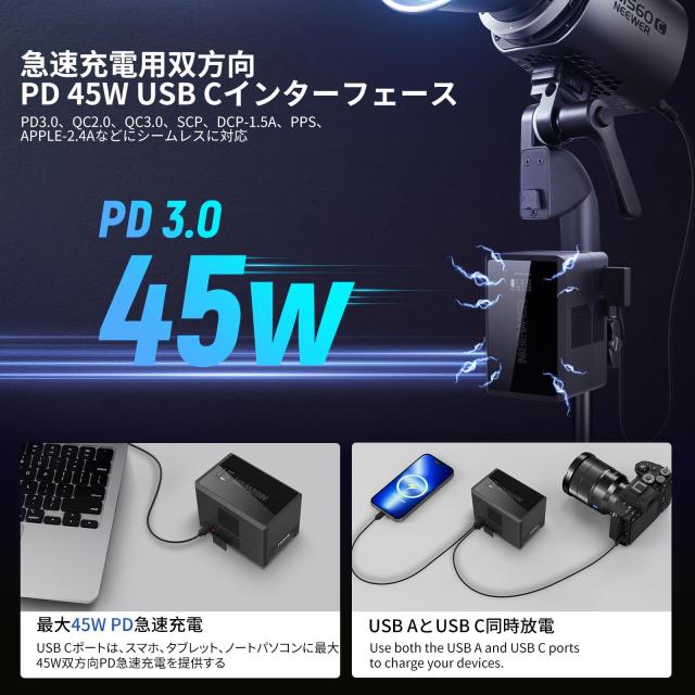 NEEWER ミニVマウントバッテリー ミニVロック電池 D Tap/USB C/USB A/BP/デュアル DC ポート/OLEDスクリーン付き 3450mAh 50Wh 14.54V 45