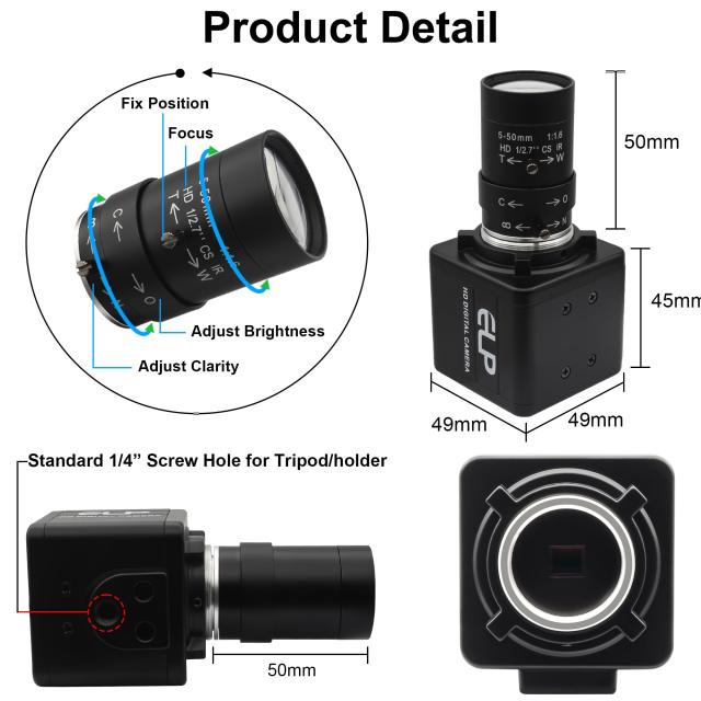ELP USB カメラ 16 メガピクセル USB ウェブカメラ CS マウント 5-50mm マニュアル バリフォーカス クローズアップ レンズ付き 5K コンピ_7