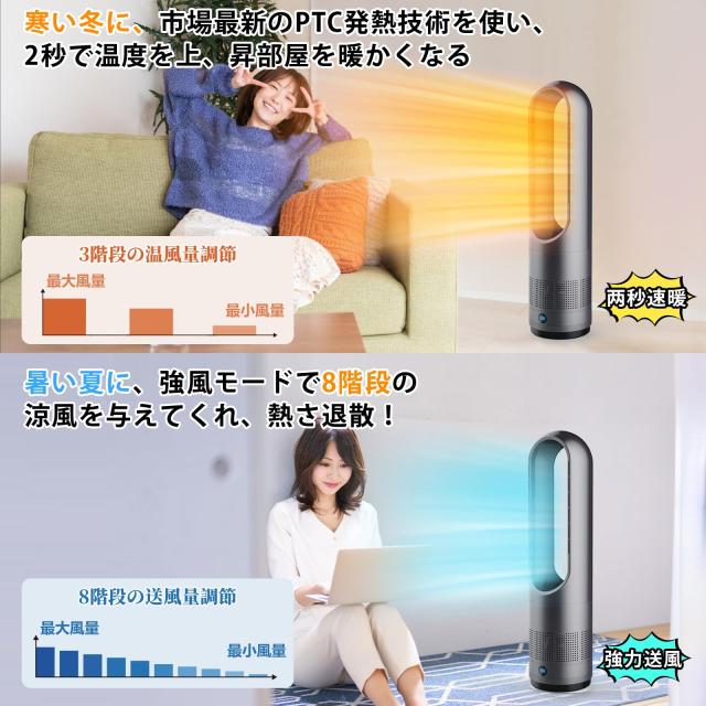 タワーファン 扇風機 セラミックヒーター【2025最新型＆冷暖両用＆羽根