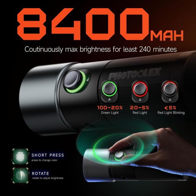 PHOTOOLEX LED撮影用ライト 4色モード 写真撮影用懐中電灯 8400mAh MAX10W 10段階の明るさ調節可能 充電式 4色補光灯 20種類のパターンフ