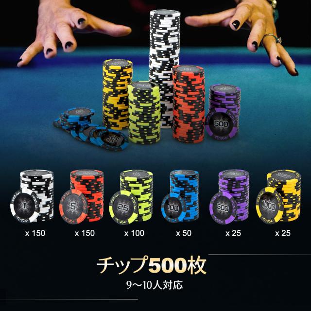 GIANTEX ポーカーチップ 500枚 6色 数字入り カジノ14g ポーカーセット アルミケース 鍵付き ダイス5個 ボタン3個 トランプ2組 カジノチ_4