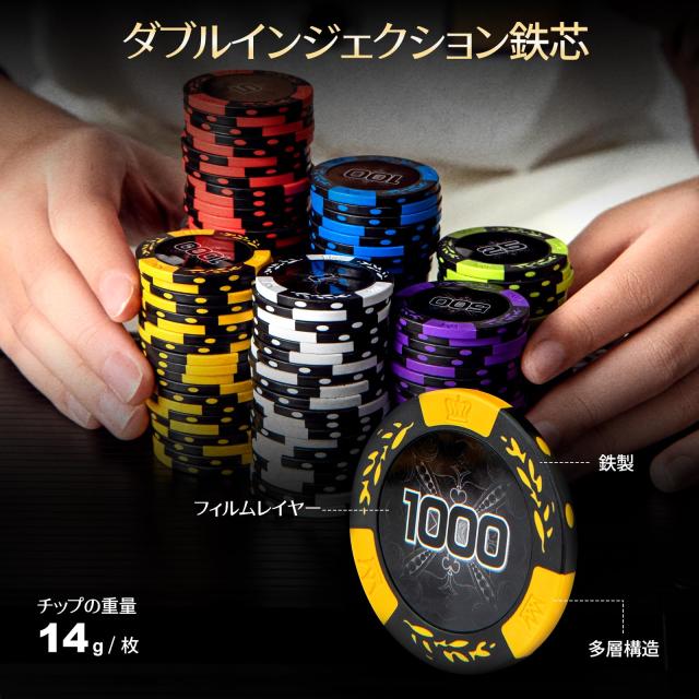 GIANTEX ポーカーチップ 500枚 6色 数字入り カジノ14g ポーカーセット アルミケース 鍵付き ダイス5個 ボタン3個 トランプ2組 カジノチ_5