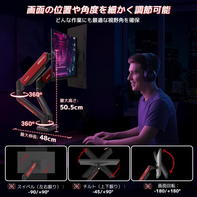 NearHub モニターアーム デュアル 2画面 上下 13~32インチ対応 耐荷重:10kg VESA規格 75x75mm/100x100mm 【ガス式 グロメット式＆クラン_2