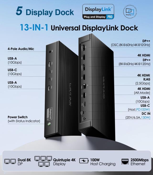 WAVLINKプロドッキングステーション5のモニター、PD100W DisplayLinkドッキング対応MacおよびWindowsのための5つの4Kディスプレイ、2X DP_1