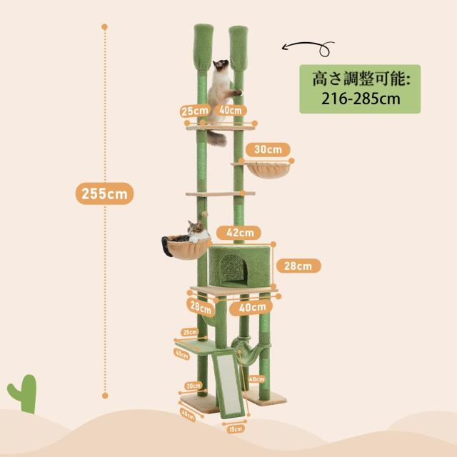 PETEPELA(ぺテぺラ) キャットタワー 突っ張り スリム 多頭飼い サボテン コンパクト つっぱり ハンモック×3 爪研ぎ つめとぎ 省スペース_5