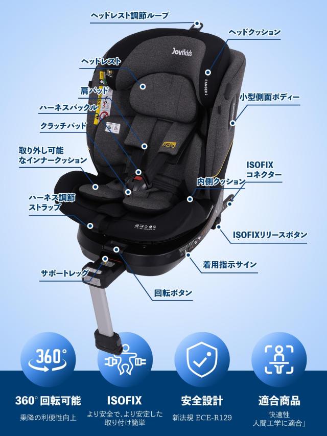 Jovikids チャイルドシート、360° 回転式ISOFIX固定ジュニアシートと