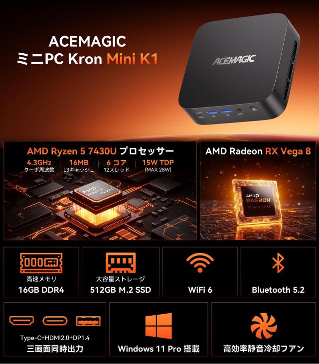 ACEMAGIC ミニpc AMD Ryzen 5 7430u mini pc 高速WiFi6 BT5.2
