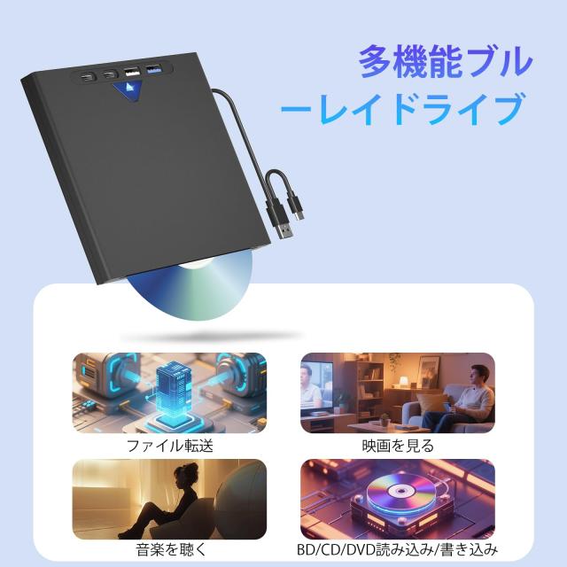 【2025革新型100GB】ブルーレイドライブ外付け ブルーレイプレーヤー BD/DVD/CDプレーヤー 再生/読み込み/書き込み対応 高速・静音 USB3._5