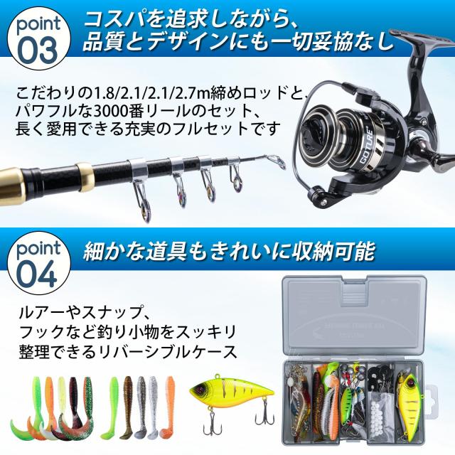Goture 釣りセット 投げ竿 シーバスロッド 1.8m スピニングリール3000番付属 66枚ルアー 初心者向け 伸縮式 超軽量 防水収納バッグと日本