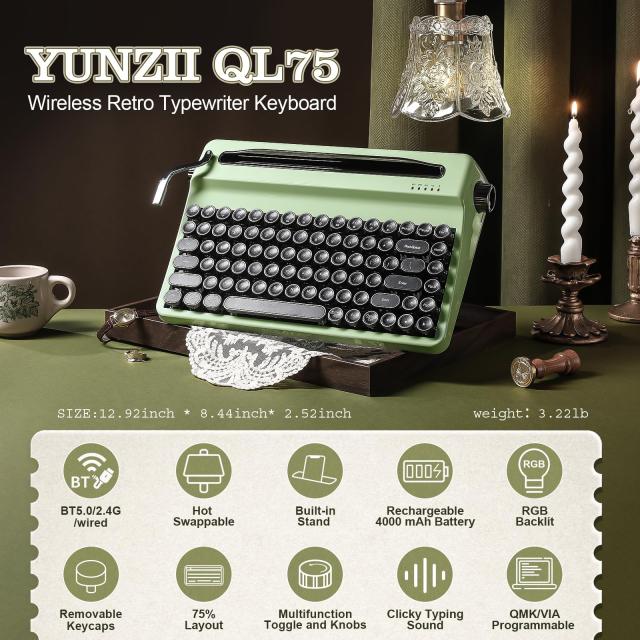 YUNZII QL75 タイプライターキーボード ワイヤレス レトロメカニカルキーボード ホットスワップ対応 パンクスタイルの丸型キーキャップ R_1