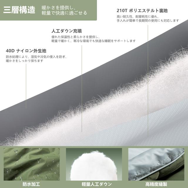 BISINNA 寝袋 人工ダウン マミー型 シュラフ 1.8kg 冬用 夏用 40Dナイロン防水 キャップ YKKダブルファスナー 収納袋付き 丸洗い可能 オ