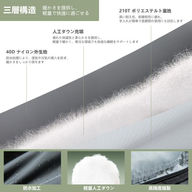 BISINNA 寝袋 人工ダウン マミー型 シュラフ 1.8kg 冬用 夏用 40Dナイロン防水 キャップ YKKダブルファスナー 収納袋付き 丸洗い可能 オ