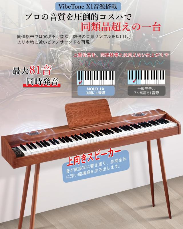 【ハンマーアクション鍵盤 木目調モデル】Longeye 電子ピアノ 88鍵 MOLD1X スタンド一体型 本格ピアノタッチ 10W出力 MIDI対応 ヘッドホ