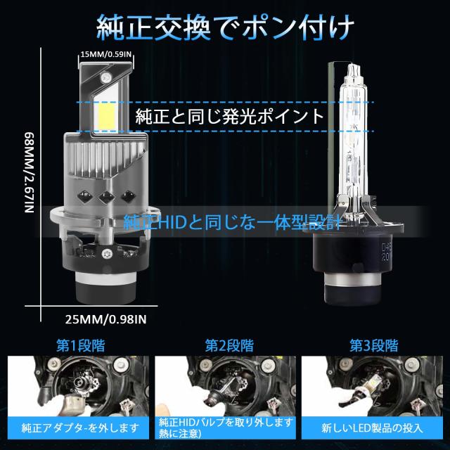 D2S LED ヘッドライト 車検対応 D2R LED ポン付け 爆光 22000LM 6500K 純正HID交換用 DC12V ファン付き 暗区なし 加工不要 2個入り 専用_4