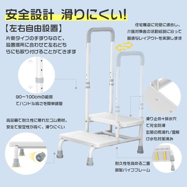 玄関 踏み台 手すり付き 2段ステップ台 介護 高齢者向け 転倒防止 負担軽減 介護 ひざ 腰（耐荷重180kg/高さ調整可能90-100cm）適合屋内_3
