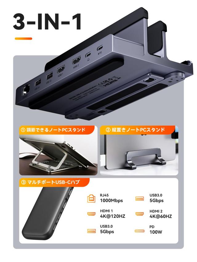 PCスタンド ドッキングステーション HDMI 2つ: QUUGE 6-in-1 USB