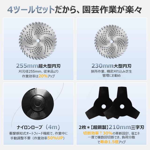充電式草刈り機【2025年新登場・刈刃径255mm・高さ5段調節タンクホイール＆サイド補助輪付き】1台4役 21V コードレス電動草刈機 電量表示_2