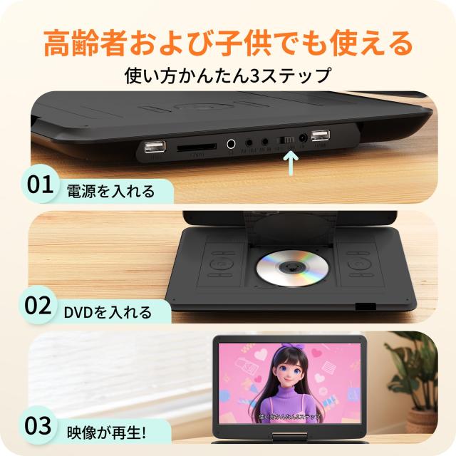 Surfola ポータブルDVDプレーヤー 液晶 15.6インチ超大画面、6時間連続再生、CPRM対応 リージョンフリー、 USB SDカード対応 AV入出力 TV_1