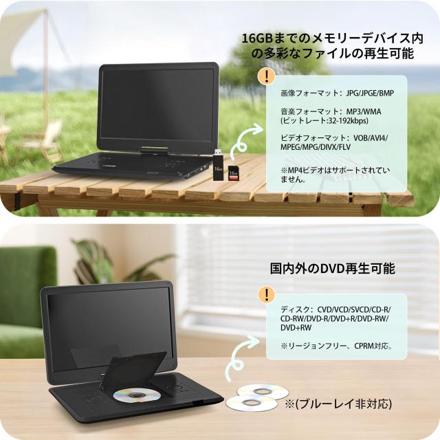 Surfola ポータブルDVDプレーヤー 液晶 15.6インチ超大画面、6時間連続再生、CPRM対応 リージョンフリー、 USB SDカード対応 AV入出力 TV_4