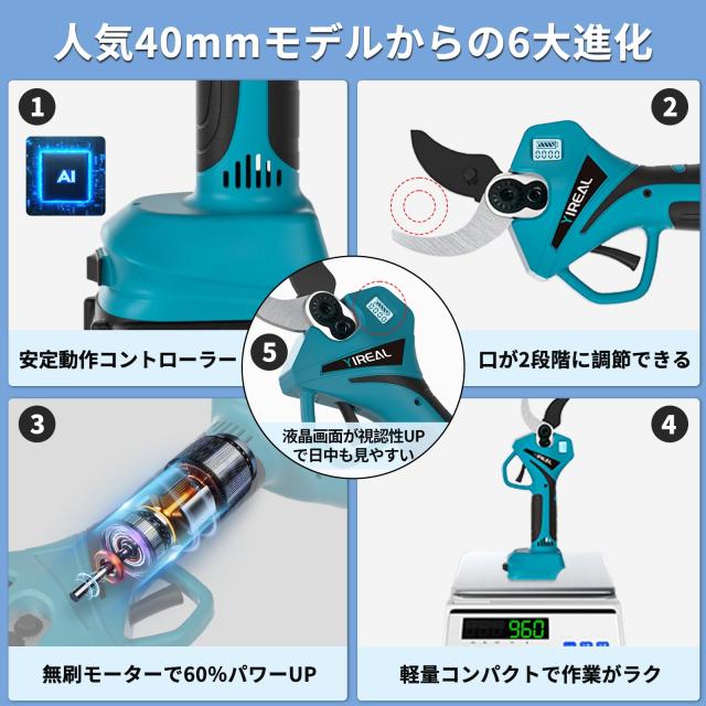 Yireal 電動剪定バサミ 18V 45mm切断径 2段階開き角度調節 SK5ブレード_2